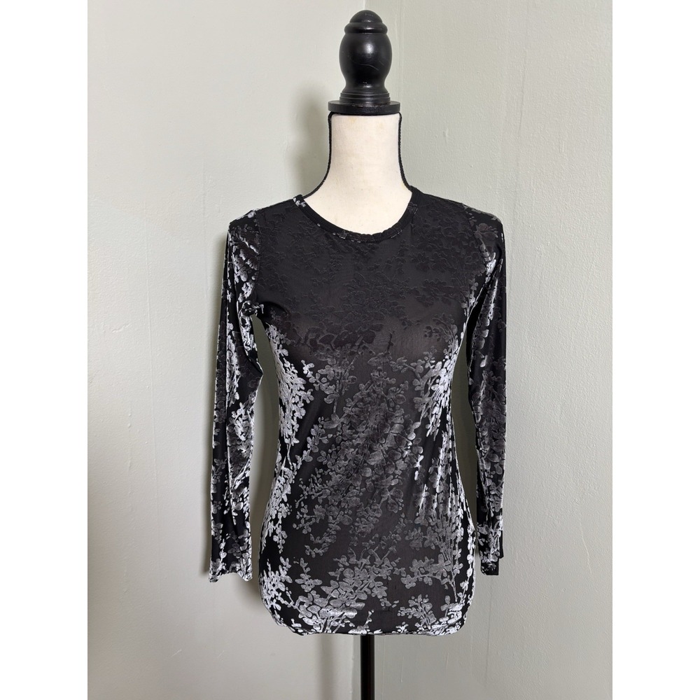 JASON Black Gray Velvet Burnout Mesh Top Small Whimsigoth Dark Romantic Floral